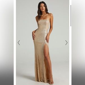 NWT Gold sequin maxi dress/gown in gold sequin & lace up back